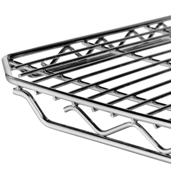 A Metro qwikSLOT Chrome wire shelf on a metal rack.