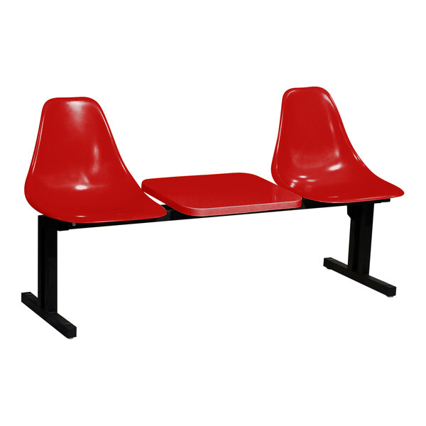 A red Sol-O-Matic modular seating unit with a table.