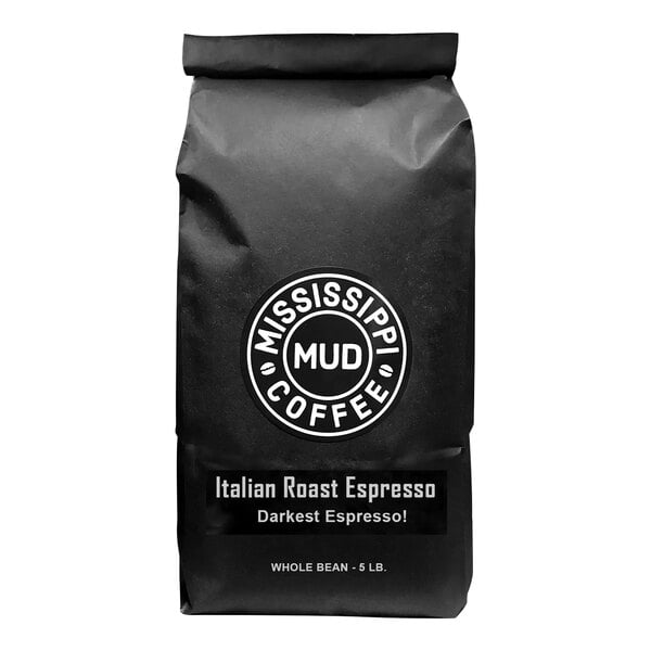 A black bag of Mississippi Mud Italian Whole Bean Espresso with white text and a logo.