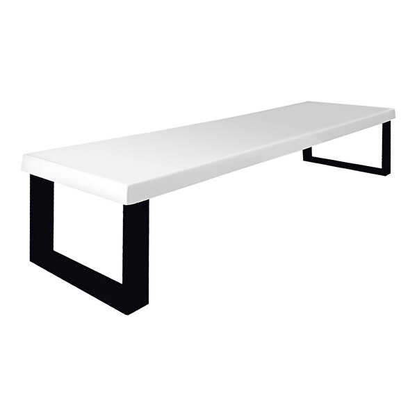 A white rectangular Sol-O-Matic fiberglass park bench with black legs.