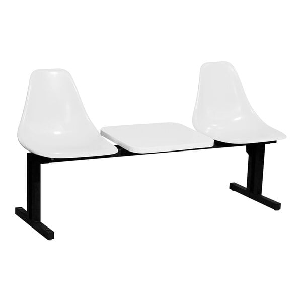 A white Sol-O-Matic modular seating unit with table, including two white plastic chairs with black legs.