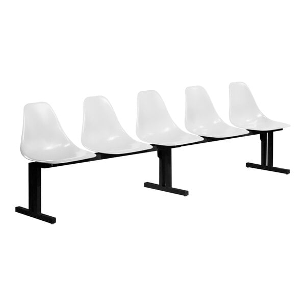 A row of four Sol-O-Matic white plastic chairs with black legs.