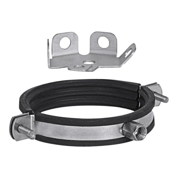 A silver and black metal Josam adjustable pipe hanger with screws.