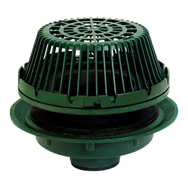 A green plastic Josam roof drain cover with a green cast iron lid.