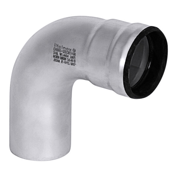 A Josam stainless steel pipe fitting with black rubber inserts on each end.