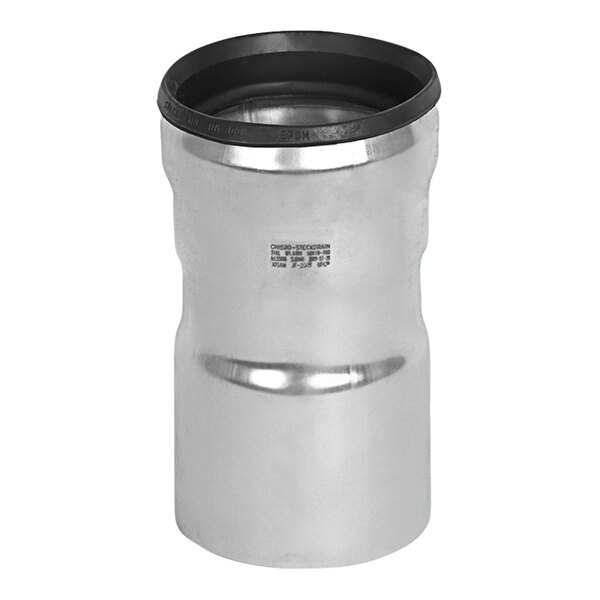 A Josam stainless steel pipe adapter with a black rubber ring inside a silver cylinder.