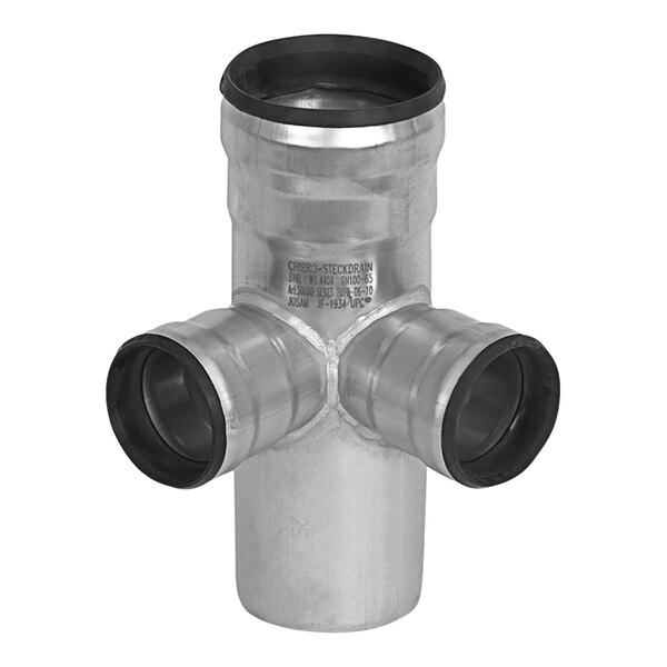 A stainless steel Josam double tee pipe fitting with black rubber inserts.