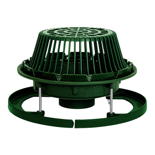 A green plastic roof drain cover with a metal base.