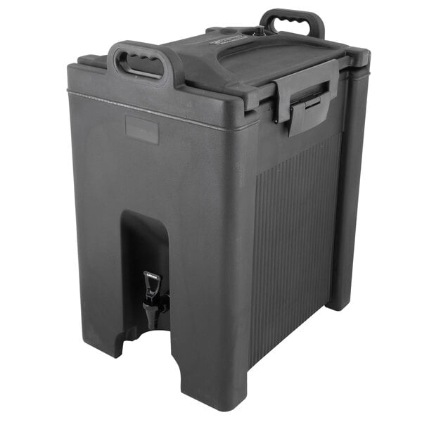 A black Carlisle insulated beverage dispenser with a lid and handle.