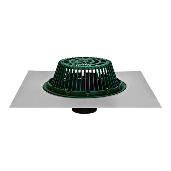 A green Josam 21500 series roof drain grate on a white surface.