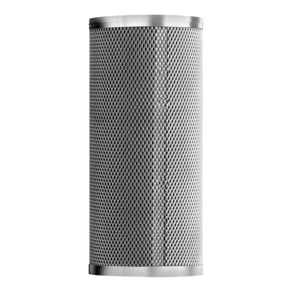 A close-up of a silver metal cylinder.