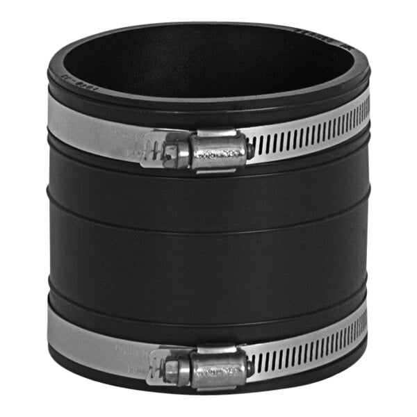 A black pipe with silver bands on the ends.