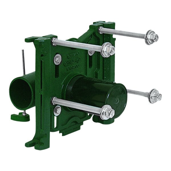 A green metal Josam floor mount toilet carrier with screws.