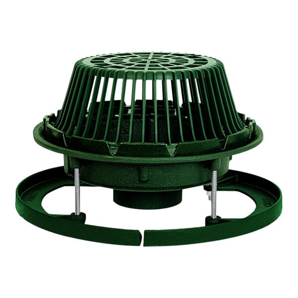 A green plastic roof drain cover for a Josam 21500 Series roof drain.