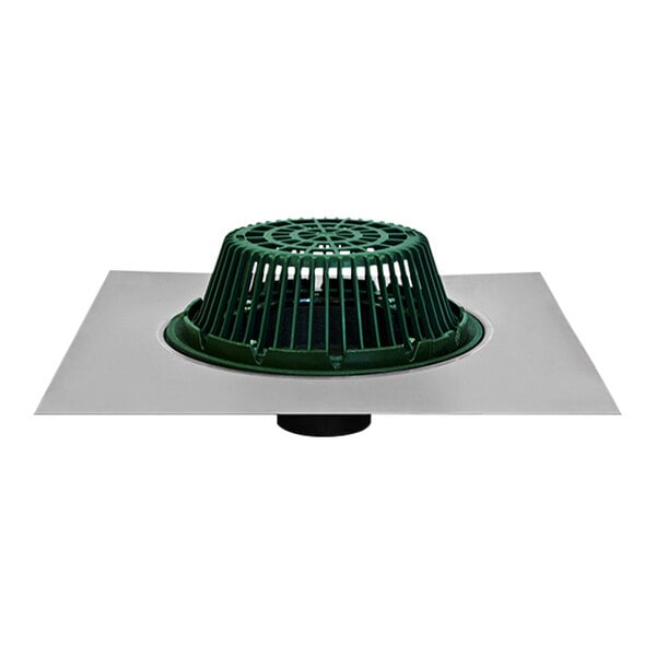 A Josam 21500 series roof drain with a green cast iron grate on a white surface.