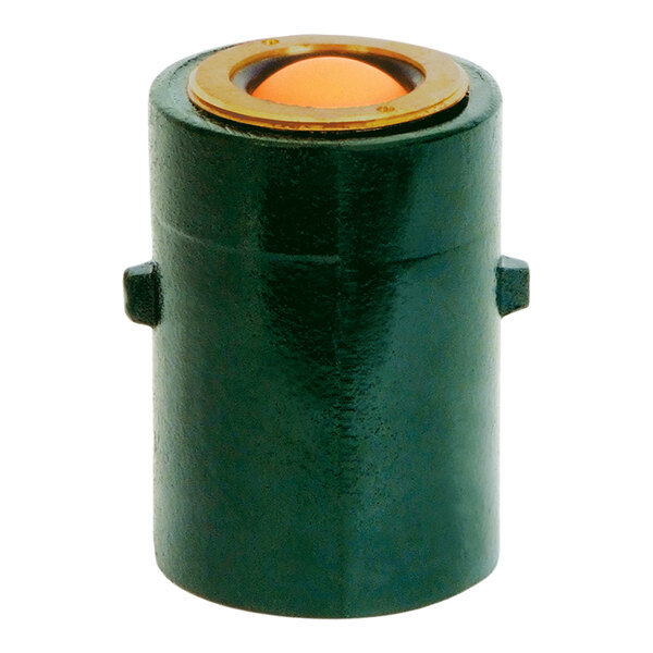 A green cylinder with a yellow top and a round light.