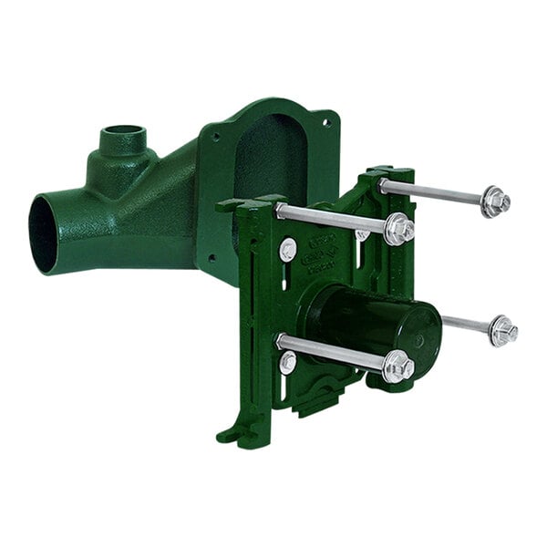 A green metal Josam floor mount toilet carrier with screws.
