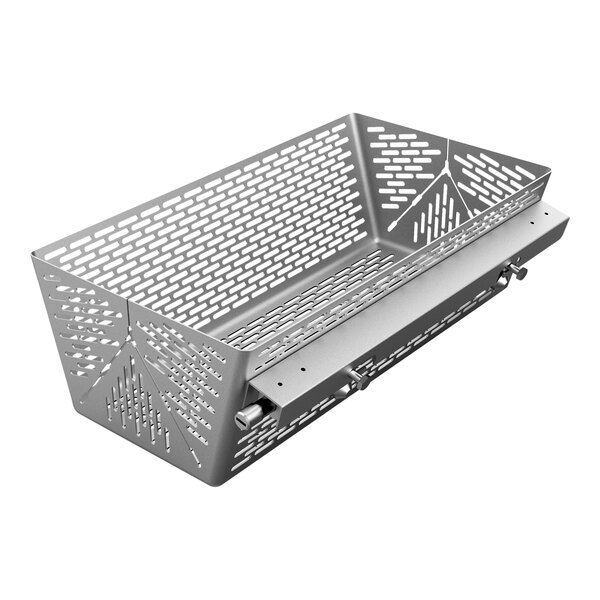 A stainless steel metal cook basket with a handle and holes.