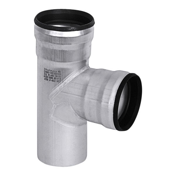 A stainless steel Josam sanitary sweep tee fitting for push-fit pipes.