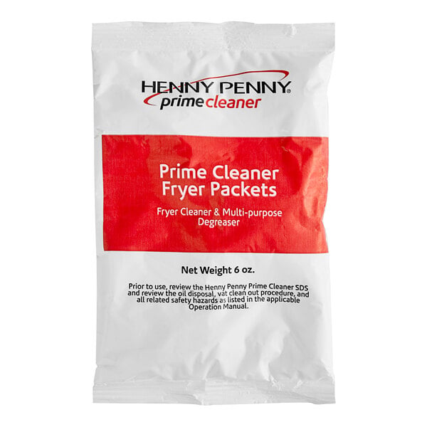 A white and red Henny Penny Prime Cleaner packet with black and red text.