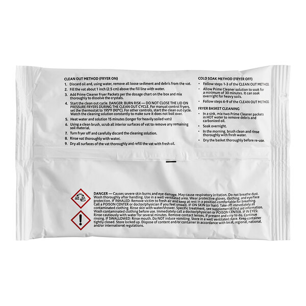 A white bag of Henny Penny deep fat fryer cleaner packets with black and red text.