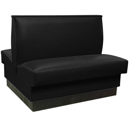 An American Tables & Seating black fully upholstered double back booth with a white background.