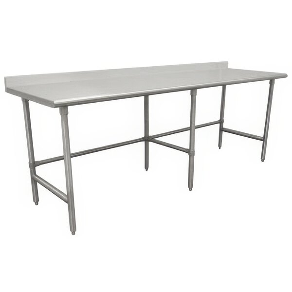 An Advance Tabco stainless steel open base work table with a backsplash on a white background.