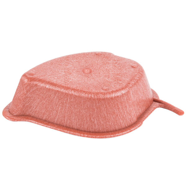 A red plastic Jalanino salsa server with a pink lid and a hole in it.