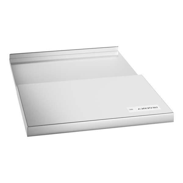 A white rectangular stainless steel lid with a label.