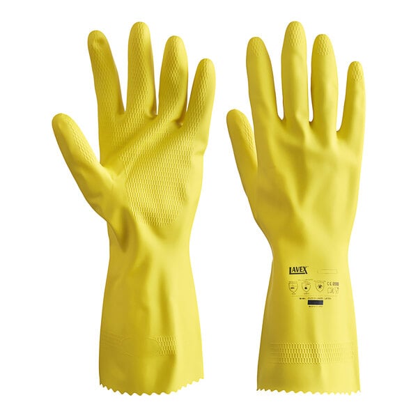A pair of yellow Lavex rubber gloves.