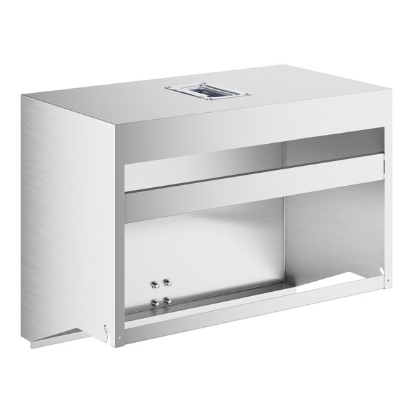 A silver rectangular stainless steel cover with a rectangular shelf inside.