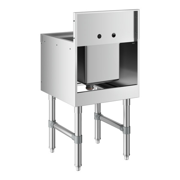 A Regency stainless steel underbar hand sink with a swivel faucet over a drain.
