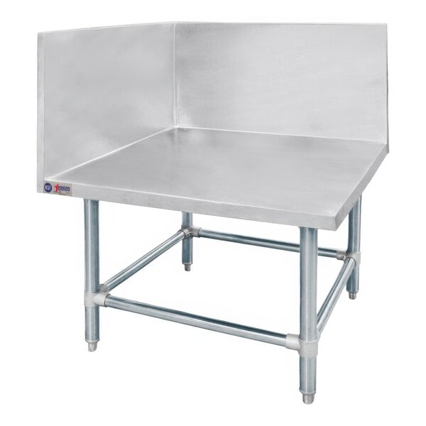 An Omcan stainless steel meat grinder table with backsplash and sidesplash on stainless steel legs.