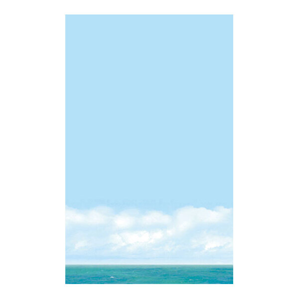 A rectangular sheet featuring a Mediterranean-themed design with a blue sky, white clouds, and a strip of blue-green water at the bottom.