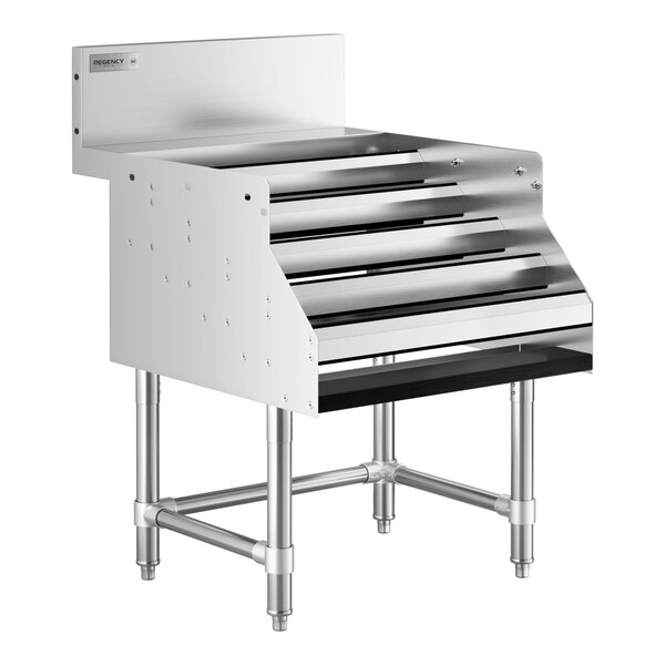 A Regency stainless steel liquor display rack with five tiers.