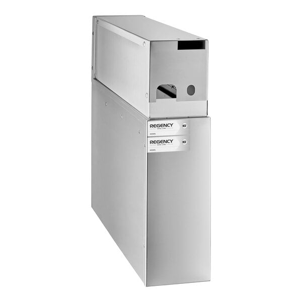 A stainless steel rectangular box with two labeled slots and an opening at the top front, designed for holding items.