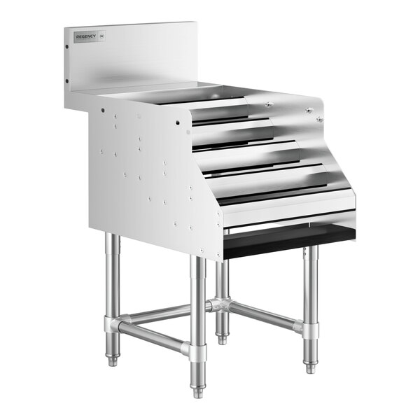 A Regency stainless steel five-tiered liquor display rack.