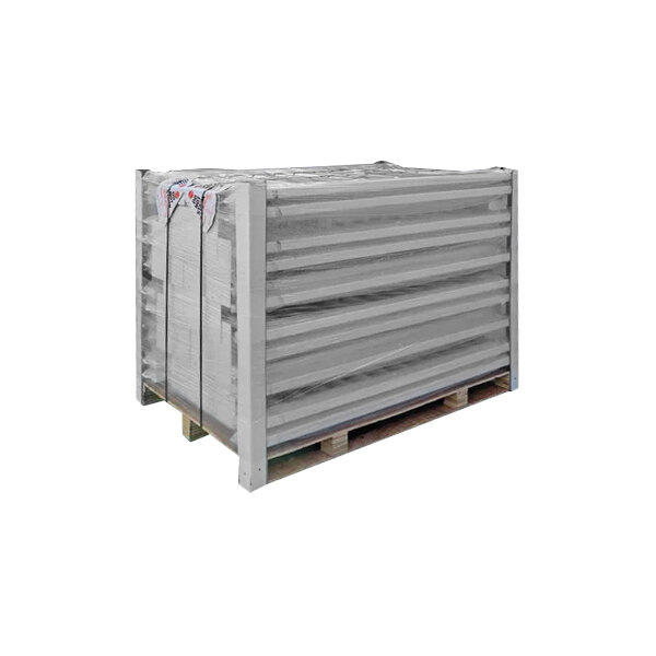 A pallet with a stack of white boxes of Mod-Picket White Picket Fence panels wrapped in plastic.