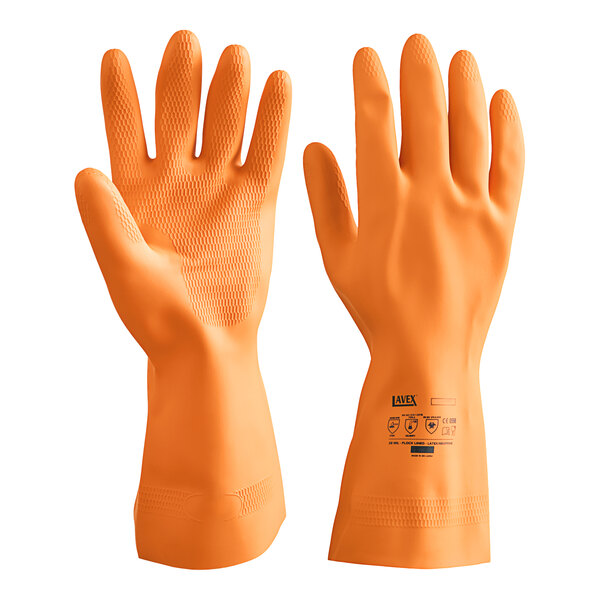 A close-up of a pair of large orange neoprene and latex gloves with a rubber palm.