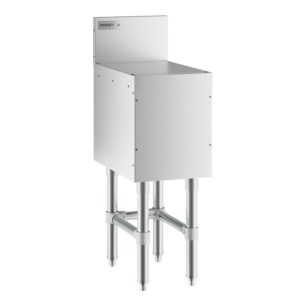 A white rectangular stainless steel underbar drainboard with metal legs.