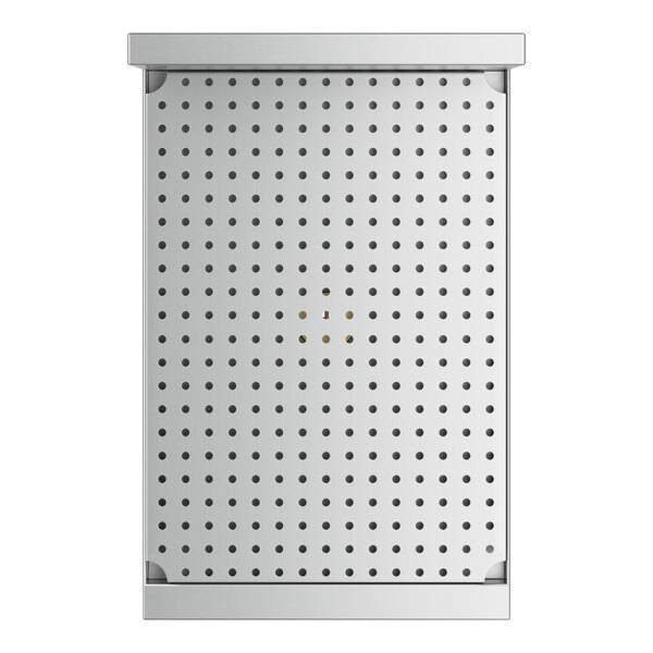 A stainless steel metal board with holes.