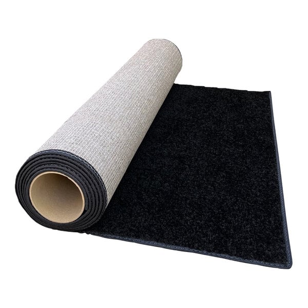 A roll of black FloorEXP event carpet on a white background.