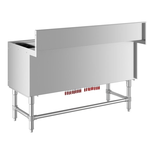 A large stainless steel Regency underbar ice bin with a 10 circuit post-mix cold plate and bottle holders.