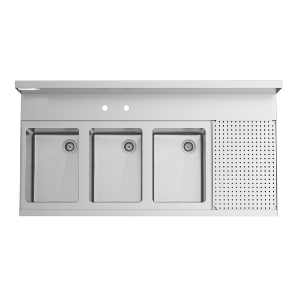 Regency Spec Line 48" x 24" Three Bowl Underbar Sink with 12" Right Drainboard