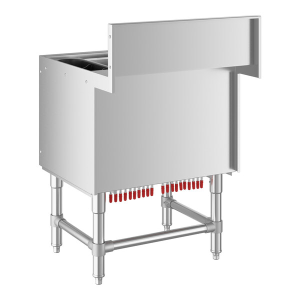 A Regency stainless steel underbar ice bin with red tubes and bottle holders.
