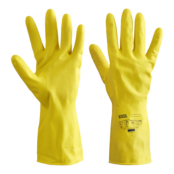 A pair of yellow Lavex yellow latex rubber gloves.