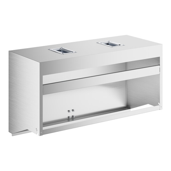 A silver rectangular stainless steel cover with two holes for a Regency double tier speed rail.