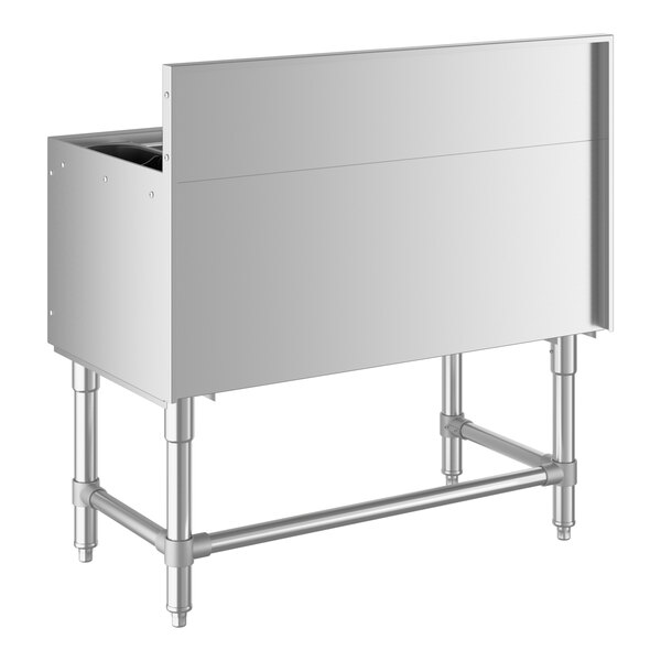 A Regency stainless steel underbar ice bin with a metal frame.