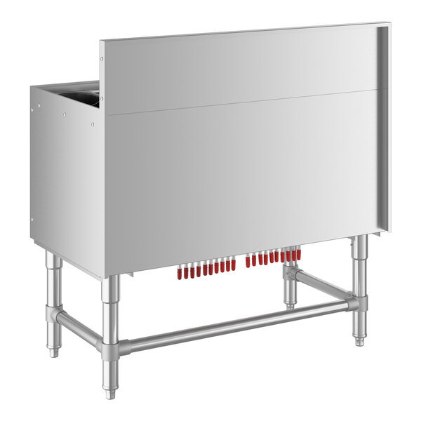 A Regency stainless steel underbar ice bin with red tubes and a metal frame.