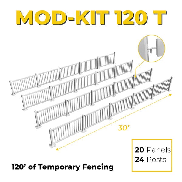 A white box with yellow and blue text for "Mod-Traditional 120' White Traditional Fence Starter Kit" containing 20 metal fence panels and 24 post connectors.